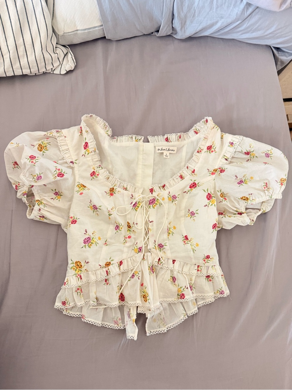For Love & Lemons White Floral Ruffle Blouse